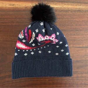Vera Bradley Cozy Hat Navy Painted Paisley Faux Fur Pom Pom NWT